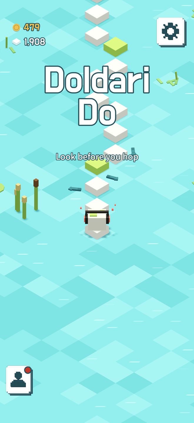 The title screen. 'Doldari Do' floats over the stream with 'Tap to cross' under it; the headphone pebble stands on the first stone.