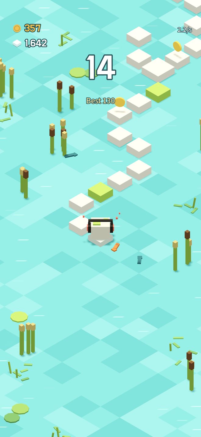 Mid-hop onto the fourteenth stone. The path zigzags ahead with coins on some stones.