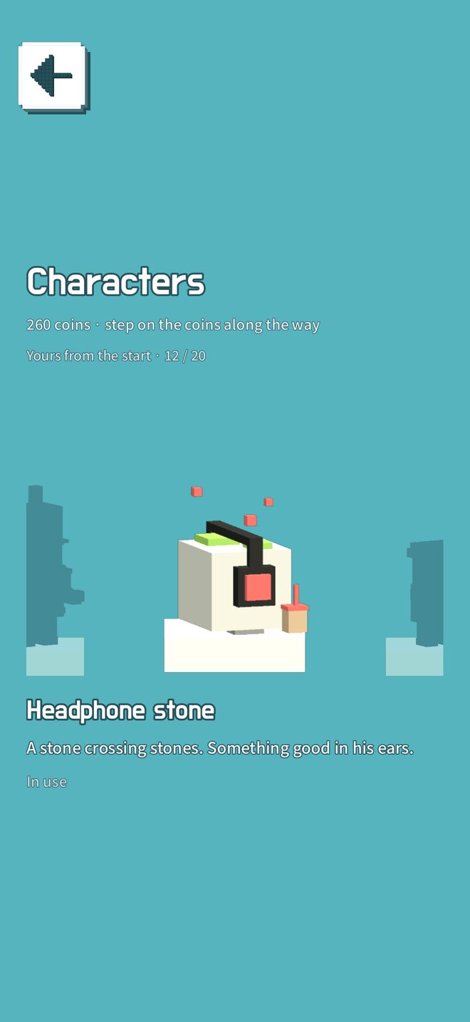 The character shop with the headphone pebble in the middle: 'A stone crossing stones, with something good in its ears'.