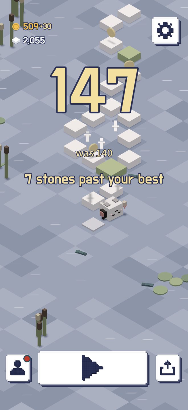 The end screen. A big 147, then 'was 140' and 'Past the best by 7', with an Again button below.